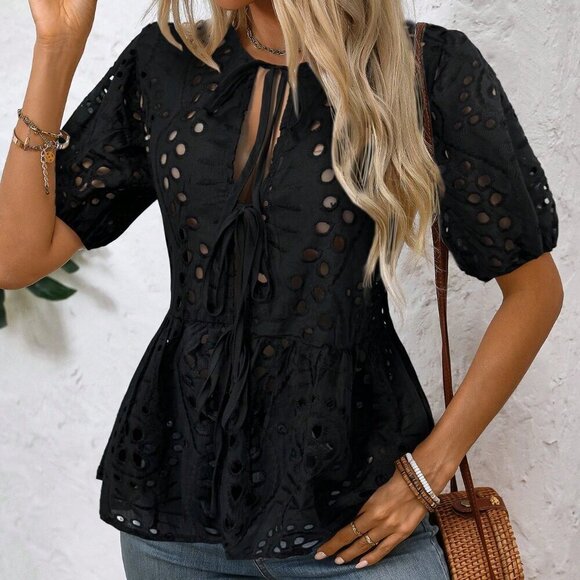 Black Casual Women's Round Neck Short Sleeve Shirt Peplum Top - Picture 6 of 7